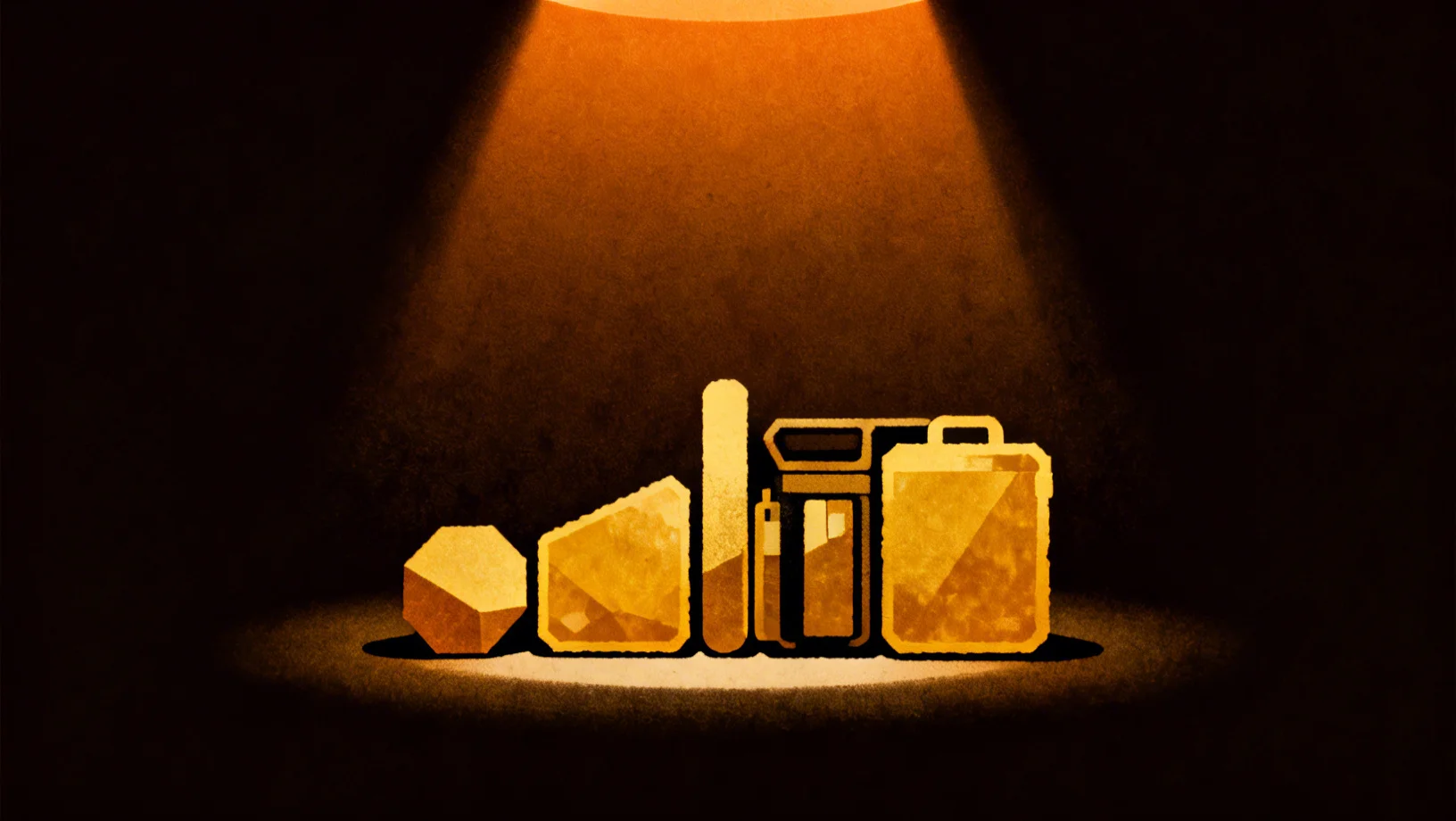 Three distinct DeFi yield instruments glowing in amber, stable yield sources in bear market conditions