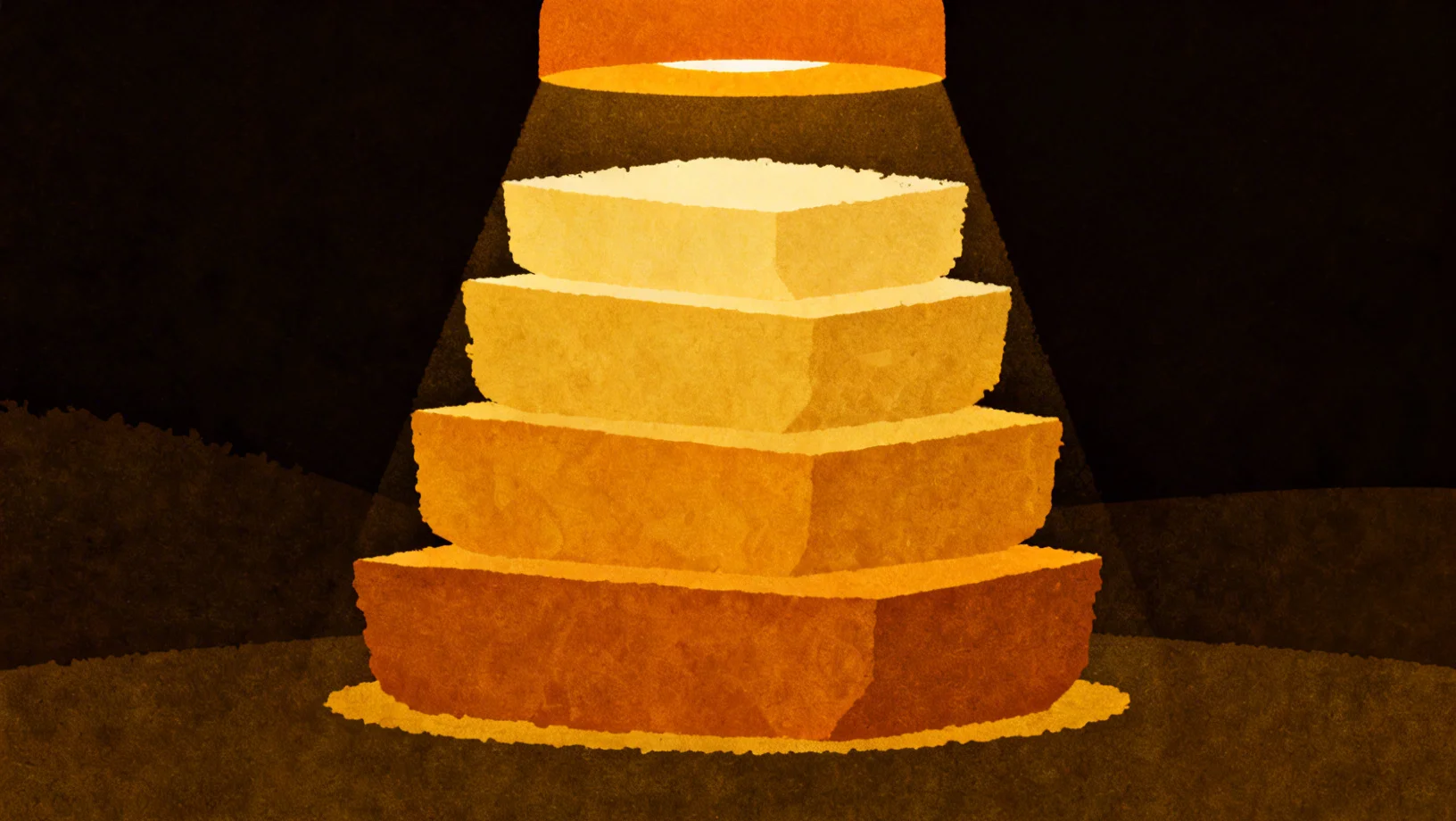 Abstract visualization of stacking yield layers from a stable base toward increasingly complex strategies on a dark atmospheric background