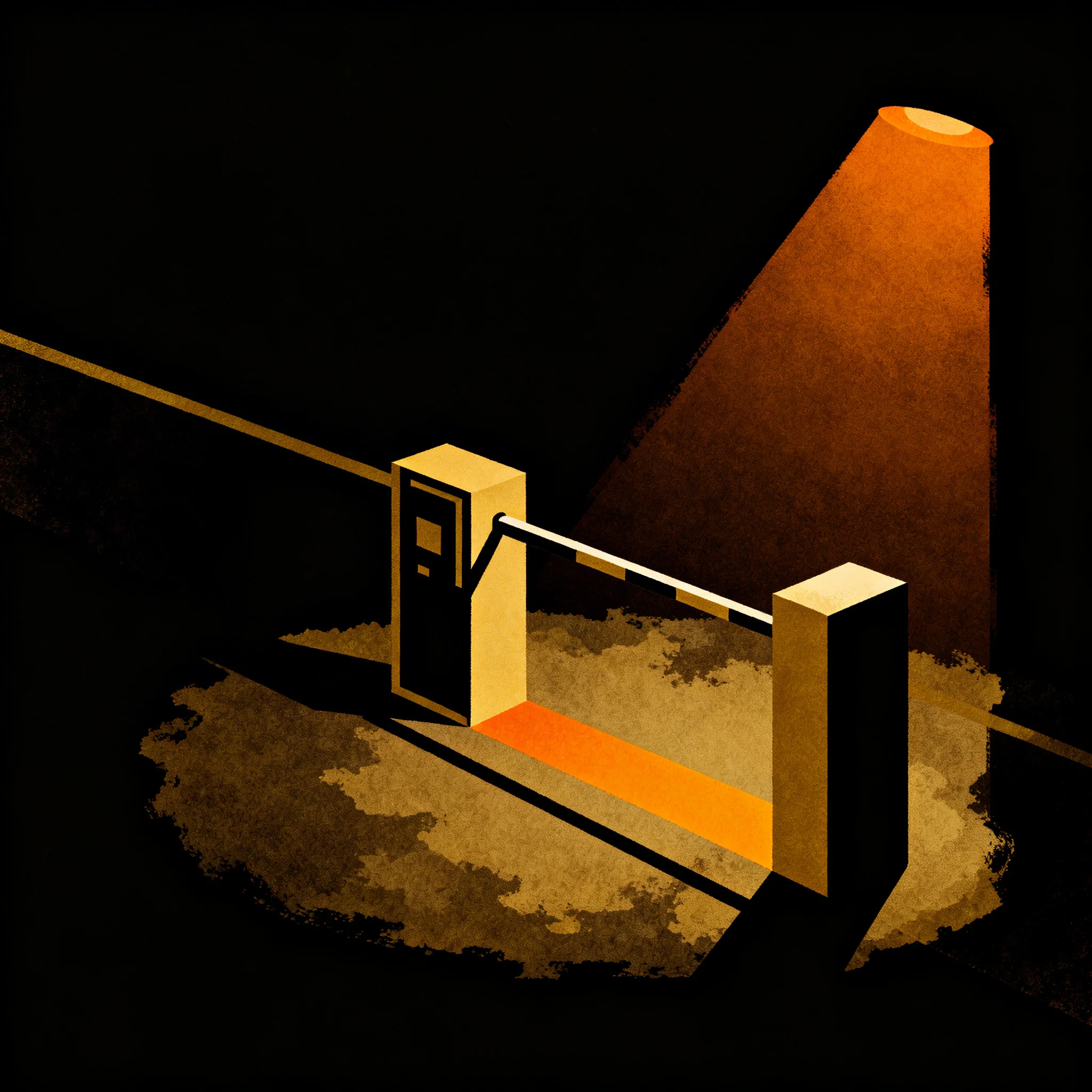 Abstract compliance gate showing asset tokens approaching a regulatory classification checkpoint