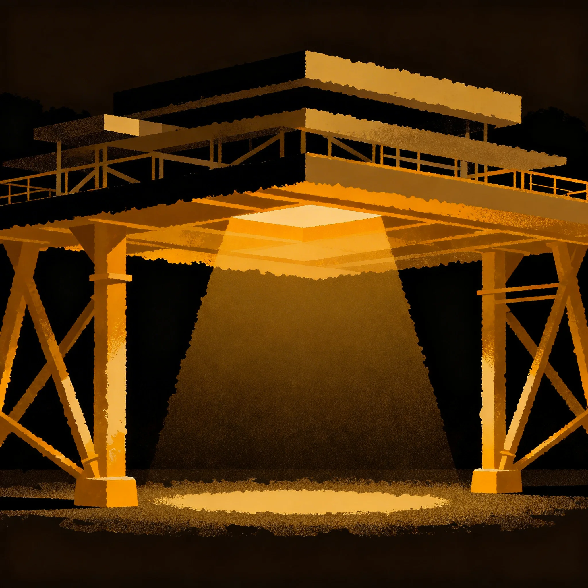 Abstract infrastructure layer with amber foundational forms supporting the Solana RWA stack