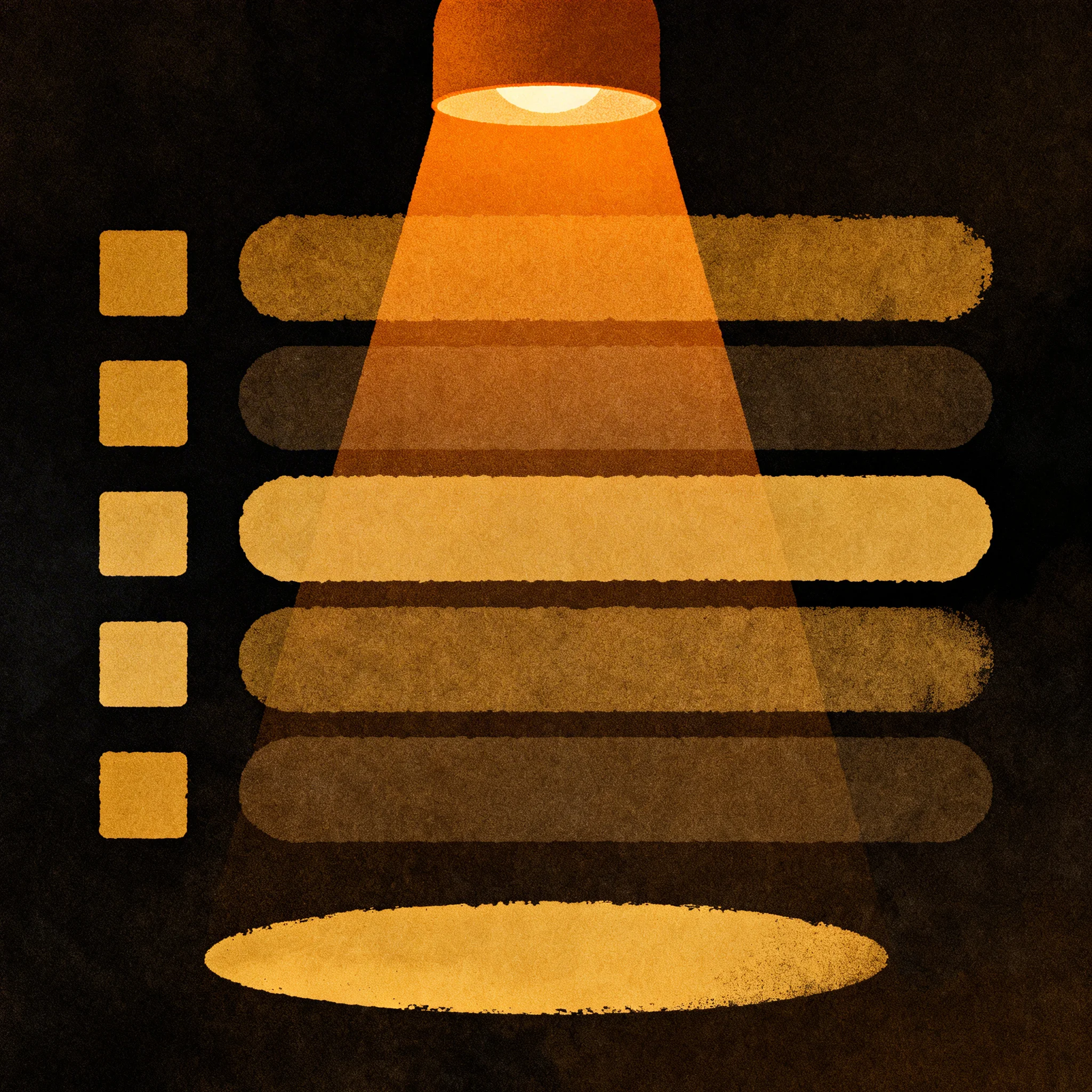 Abstract visual of glowing evaluation cards arranged in a grid on dark background, representing validator metrics in structured comparison