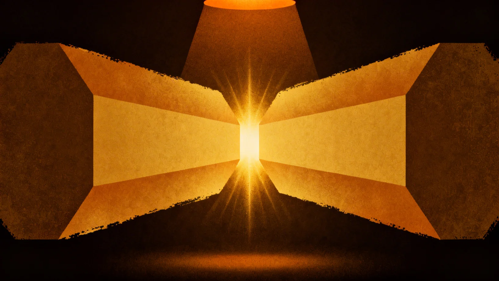 Two opposing geometric forces meeting at an amber-lit equilibrium point, representing delta-neutral hedging