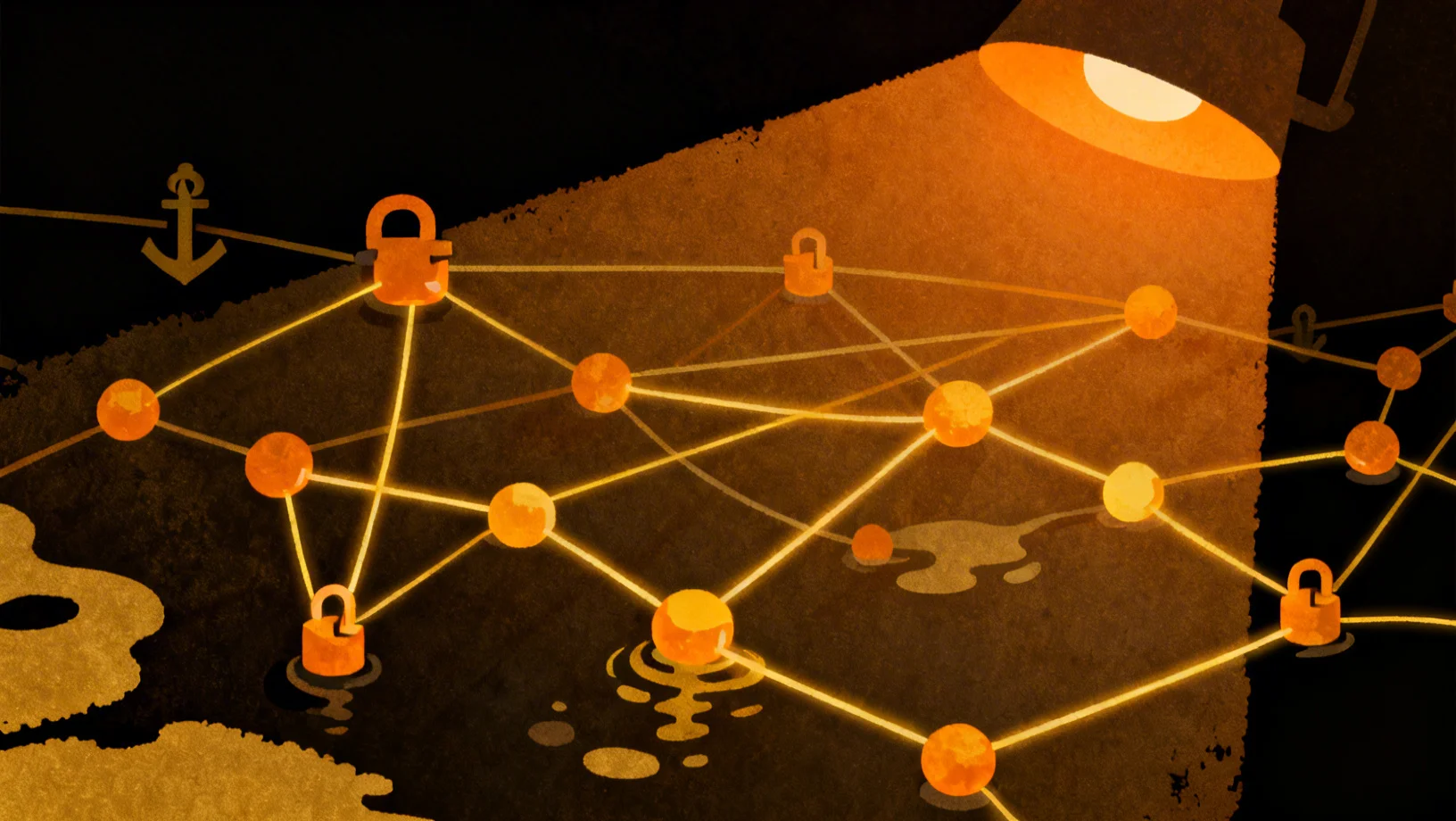 Abstract hexagonal network showing bright interconnected composable nodes contrasting with isolated dimmer nodes on a dark amber-lit background