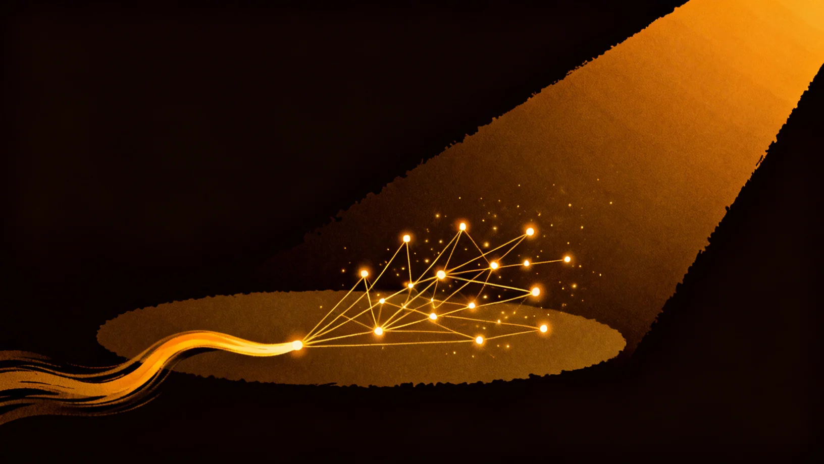 Abstract network of amber energy nodes connected by glowing threads representing Solana RWA credit infrastructure