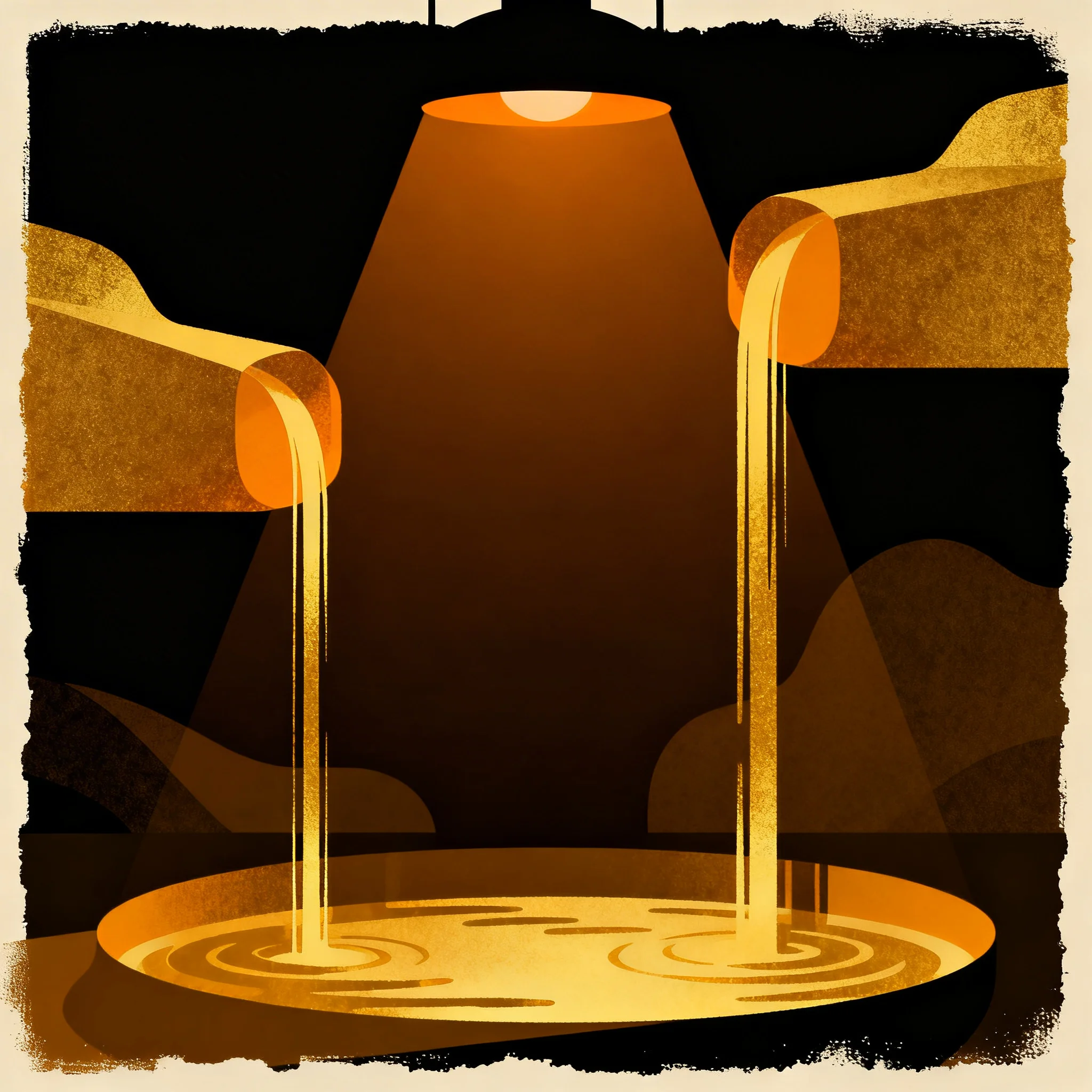 Streams of yield flowing from real-world asset forms into DeFi illustrated as warm golden light paths