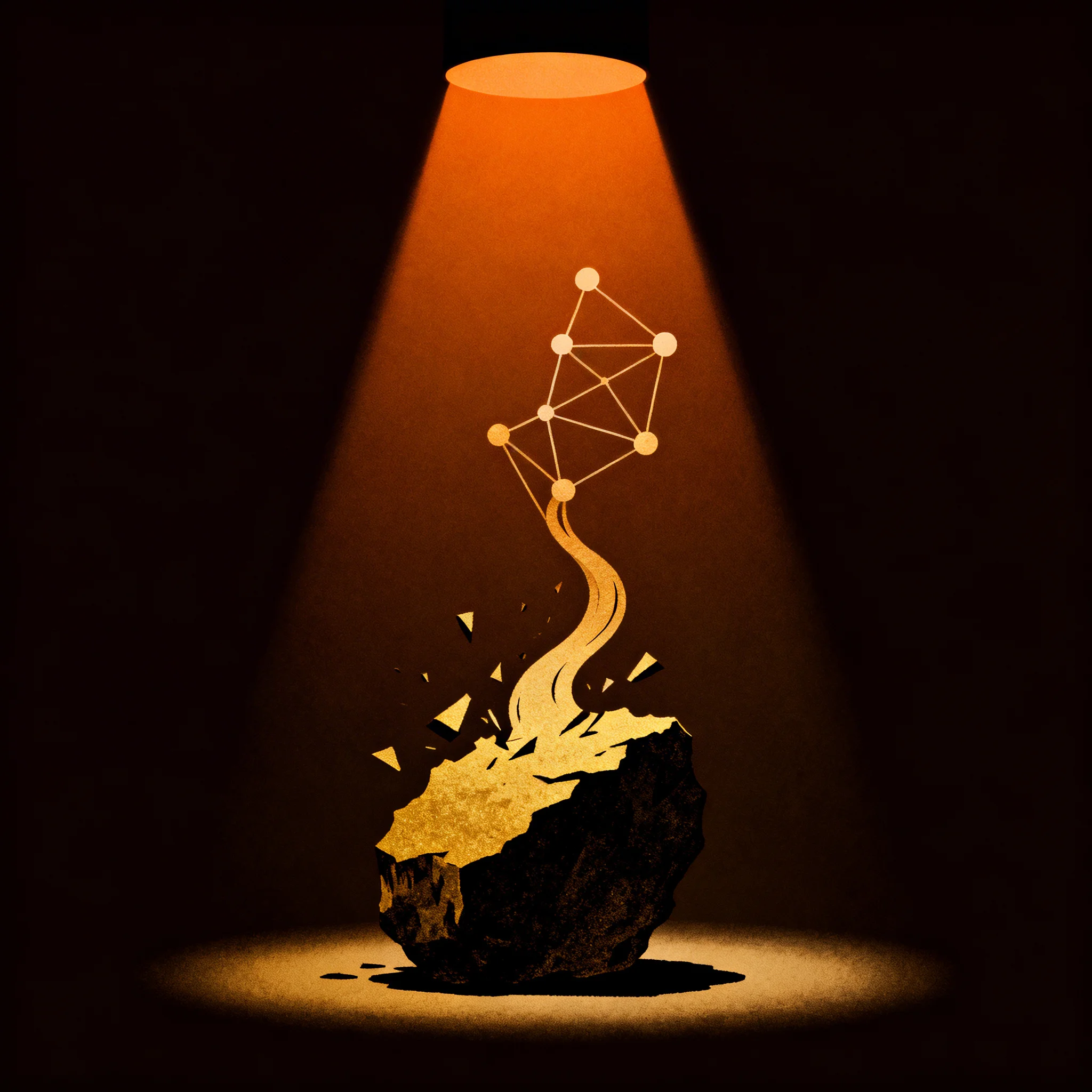 Physical asset dissolving into blockchain nodes illustrating the tokenization process