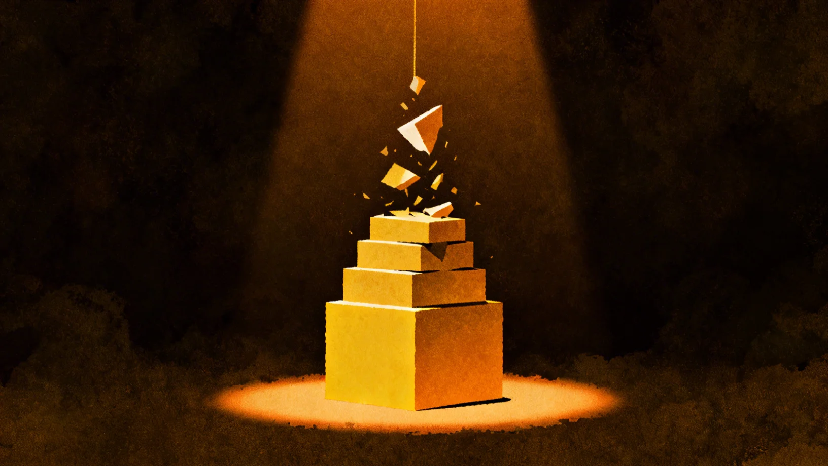 Abstract golden cascade flow illustrating how DeFi protocol failure propagates across composable layers