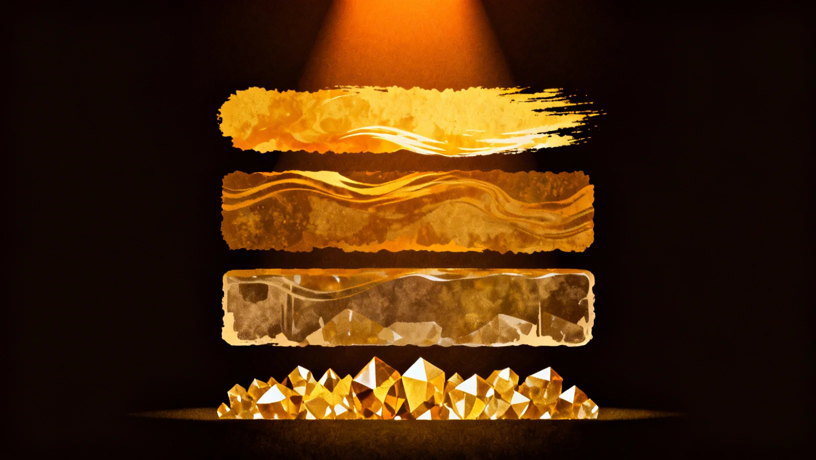 Abstract amber stratified layers representing DeFi lending, AMM, vault, and restaking protocol architecture