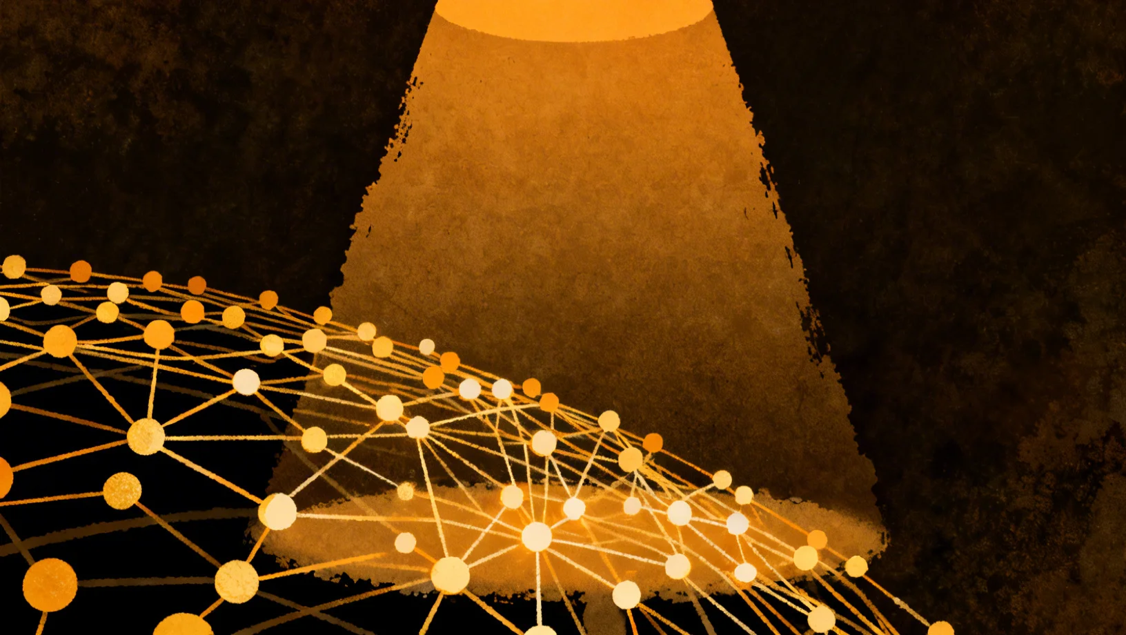 Abstract amber interlocking nodes representing the Solana DeFi composability stack connecting staking, lending, AMM, and vault layers