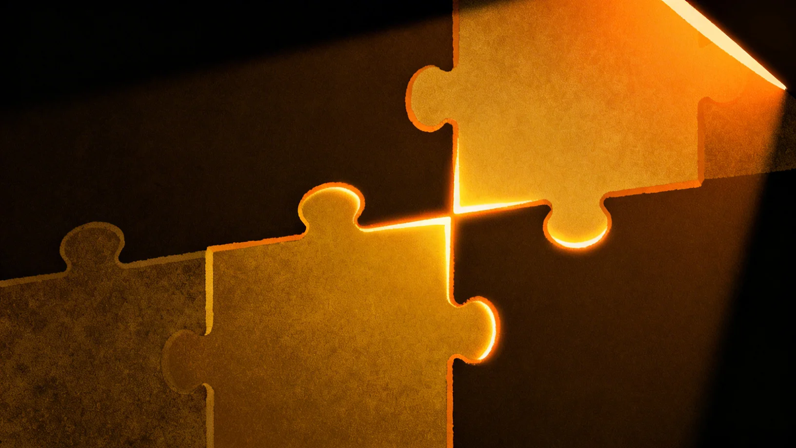 Abstract geometric amber forms interlocking on near-black background representing composable yield architecture